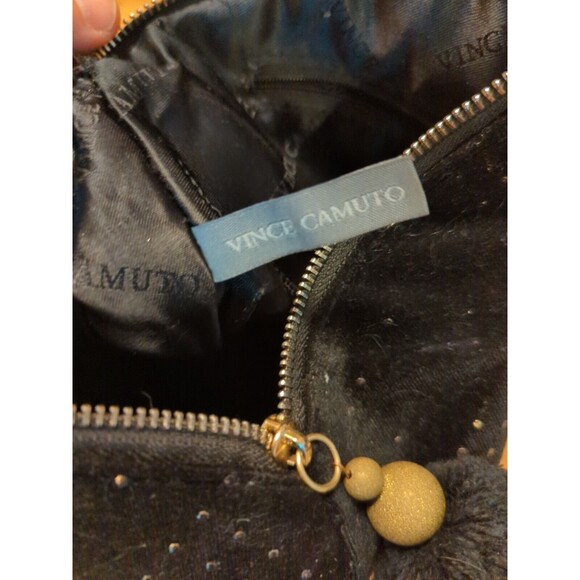 Vince Camuto Cosmetic Makeup Bag Black Velvet Gold Micro Studs Zip Pom Pom - Picture 9 of 11